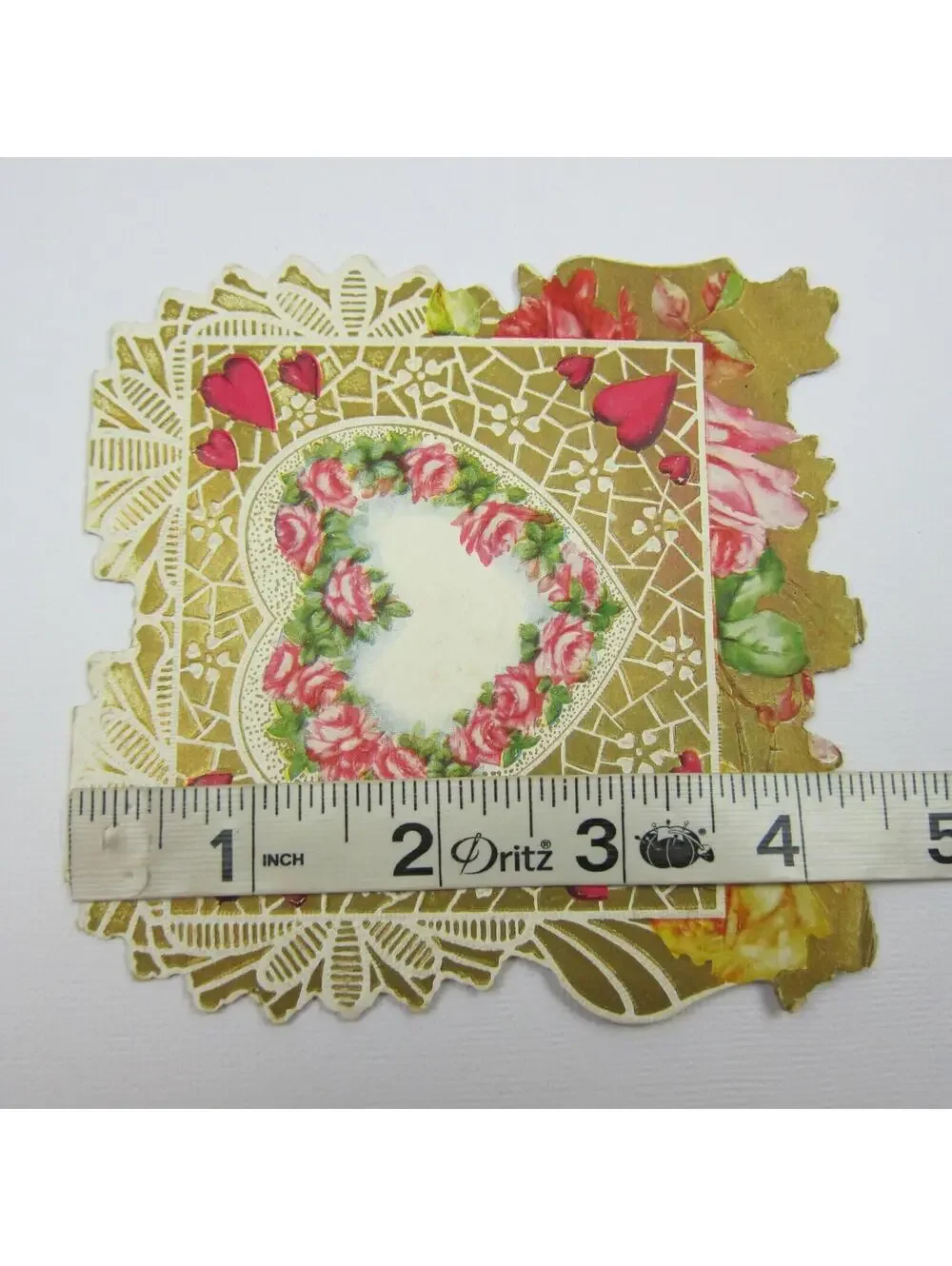 Vintage Valentine Card Gold Die cut Bifold Pink & Yellow Roses Red Hearts Bells